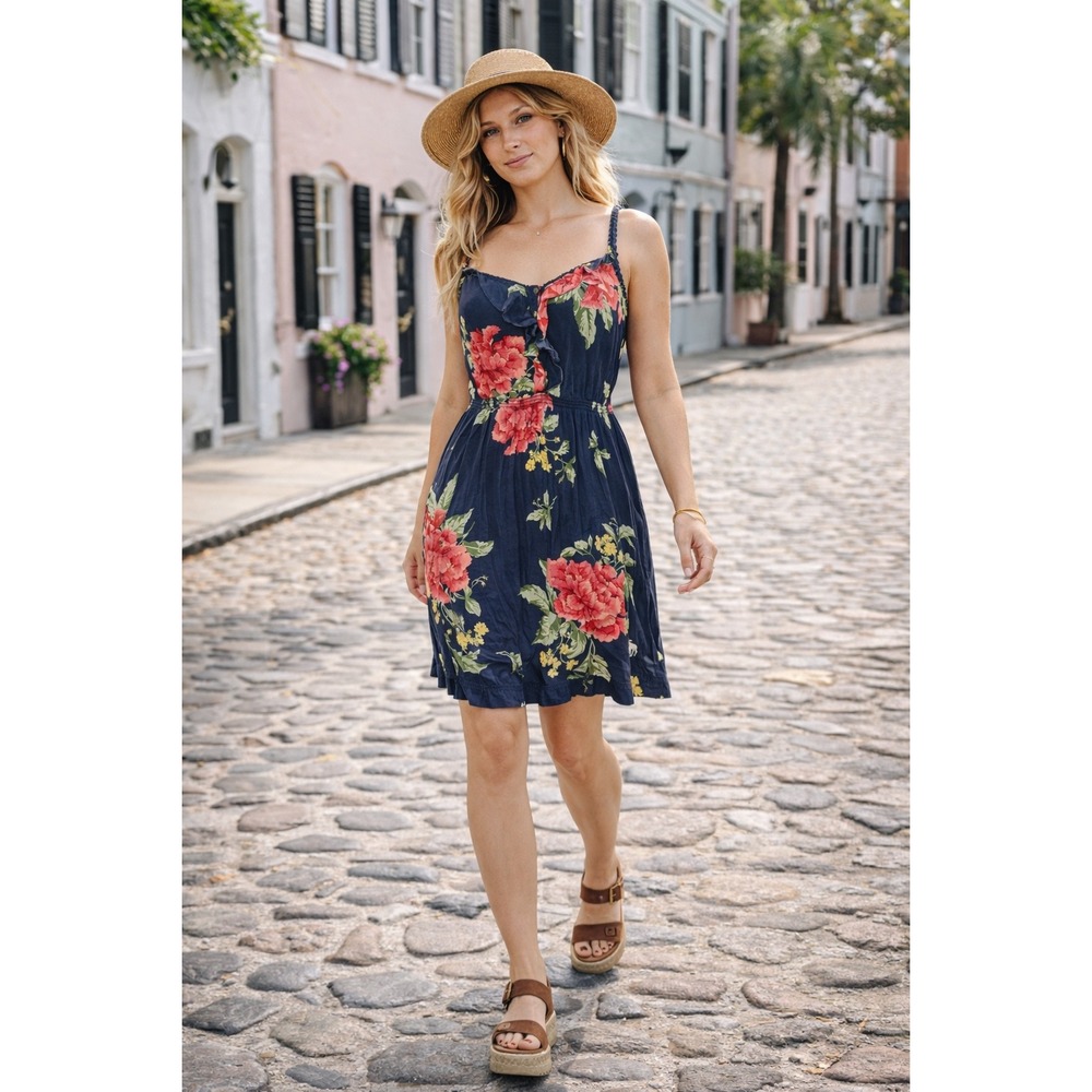 WB9 Vtg Y2K Abercrombie & Fitch Floral Print Mini Dress Navy Blue Ruffle Trim M